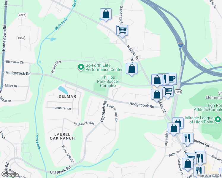 map of restaurants, bars, coffee shops, grocery stores, and more near 6117 Hedgecock Circle in High Point