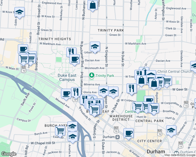 map of restaurants, bars, coffee shops, grocery stores, and more near 1017 West Trinity Avenue in Durham