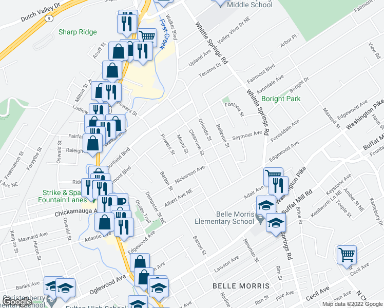map of restaurants, bars, coffee shops, grocery stores, and more near 3321 Clearview Street in Knoxville