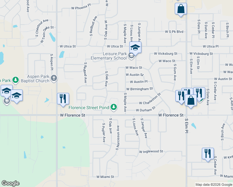 map of restaurants, bars, coffee shops, grocery stores, and more near 4519 South Narcissus Avenue in Broken Arrow