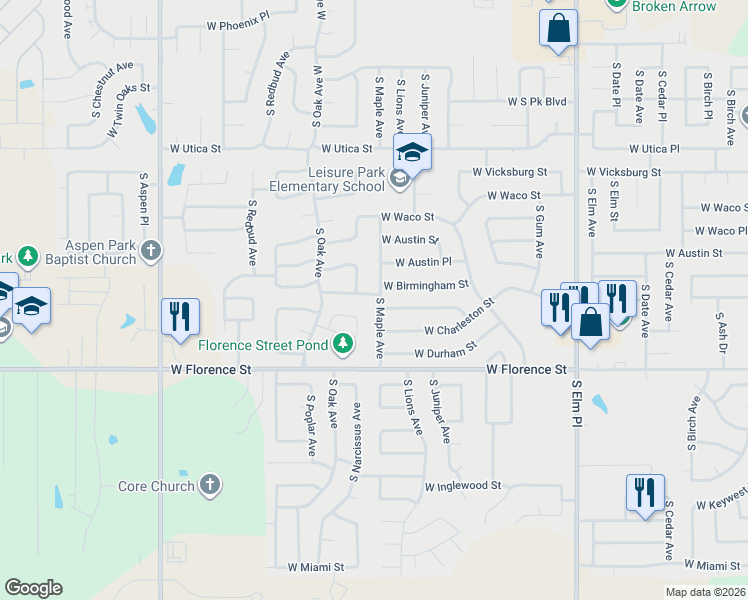 map of restaurants, bars, coffee shops, grocery stores, and more near 4519 South Narcissus Avenue in Broken Arrow