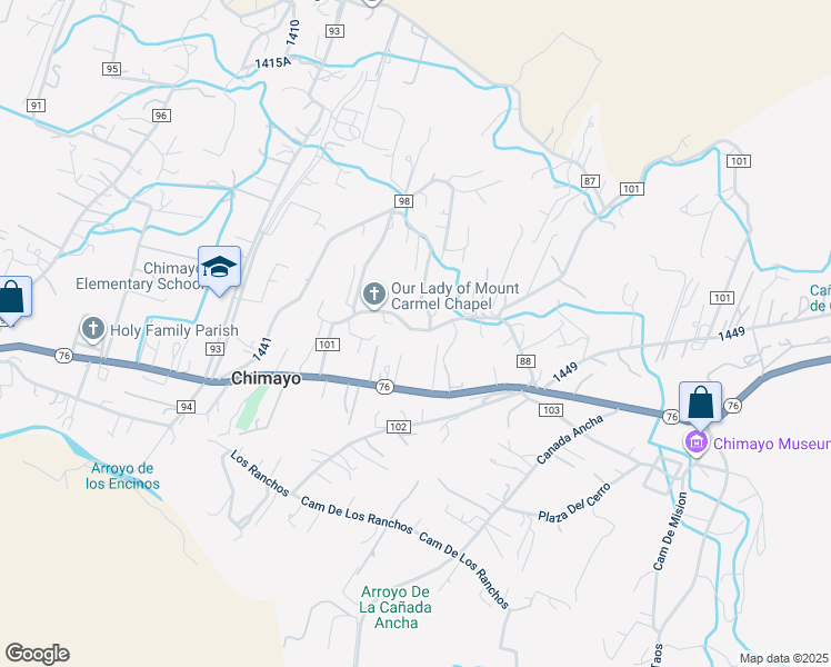 map of restaurants, bars, coffee shops, grocery stores, and more near 72 County Road 101 in Chimayo