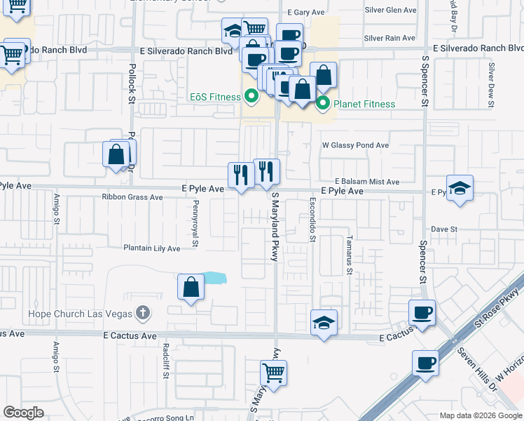 map of restaurants, bars, coffee shops, grocery stores, and more near 1155 East Pyle Avenue in Las Vegas