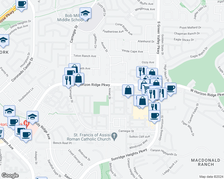 map of restaurants, bars, coffee shops, grocery stores, and more near 2255 Walkerville Court in Henderson
