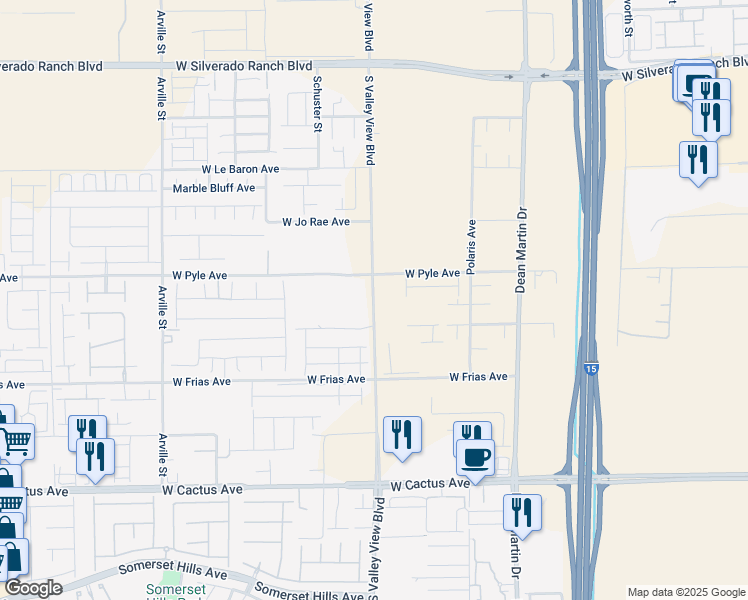 map of restaurants, bars, coffee shops, grocery stores, and more near 10115 South Valley View Boulevard in Las Vegas