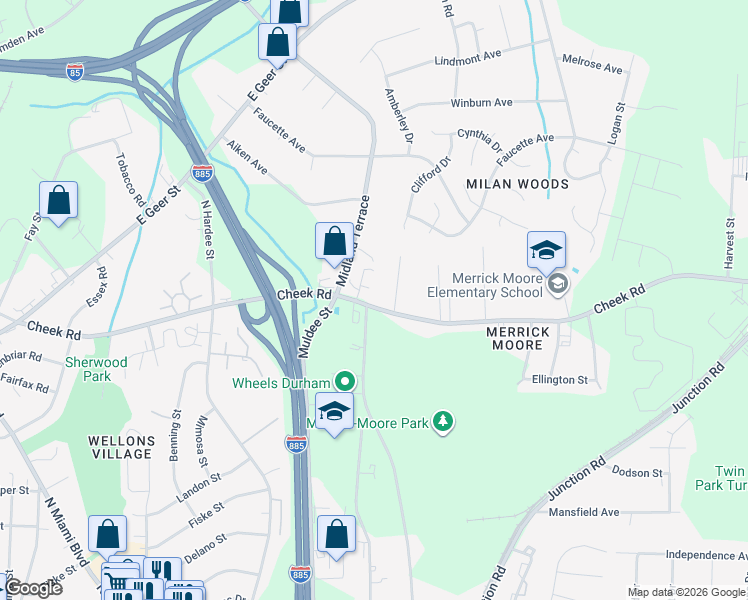 map of restaurants, bars, coffee shops, grocery stores, and more near 809 Mayo Street in Durham