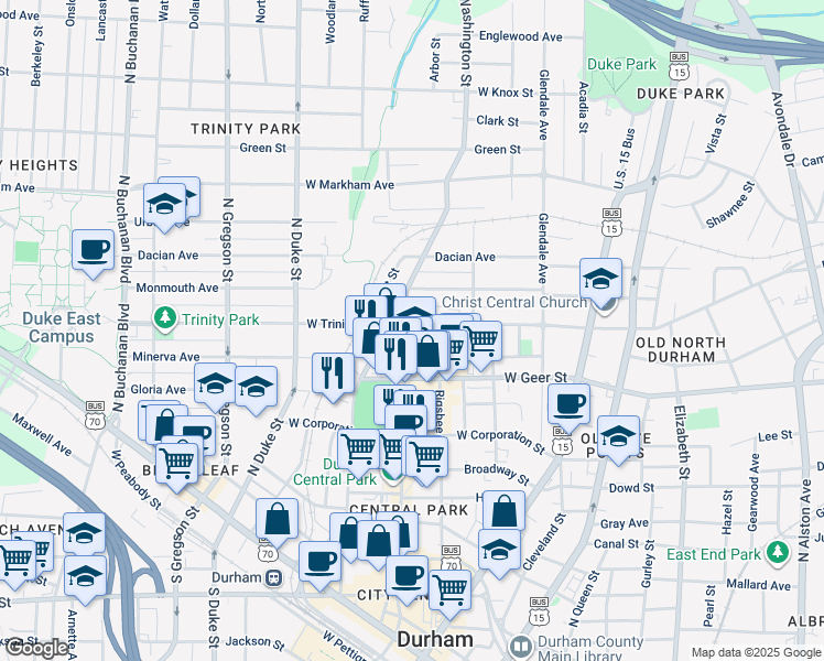 map of restaurants, bars, coffee shops, grocery stores, and more near 402 West Trinity Avenue in Durham