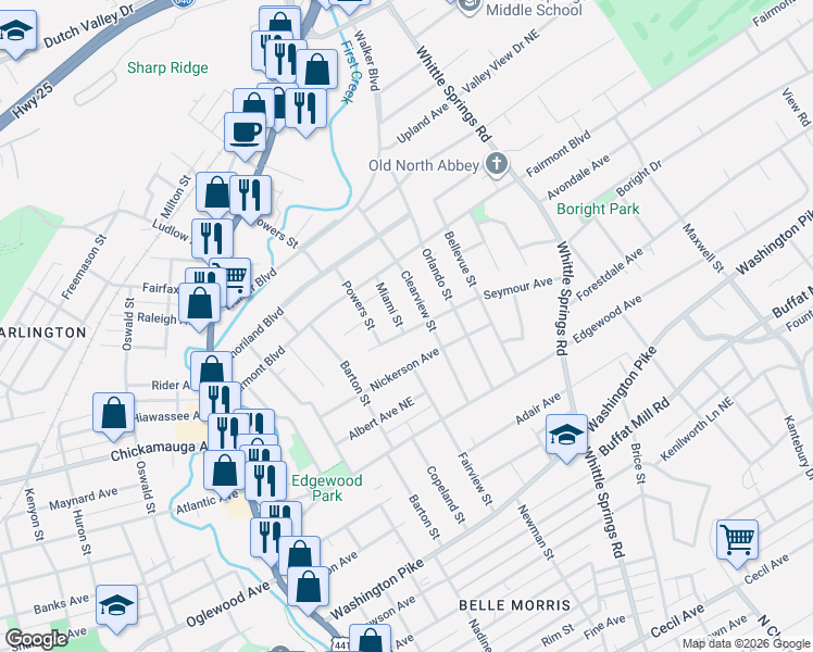 map of restaurants, bars, coffee shops, grocery stores, and more near 3321 Clearview Street in Knoxville