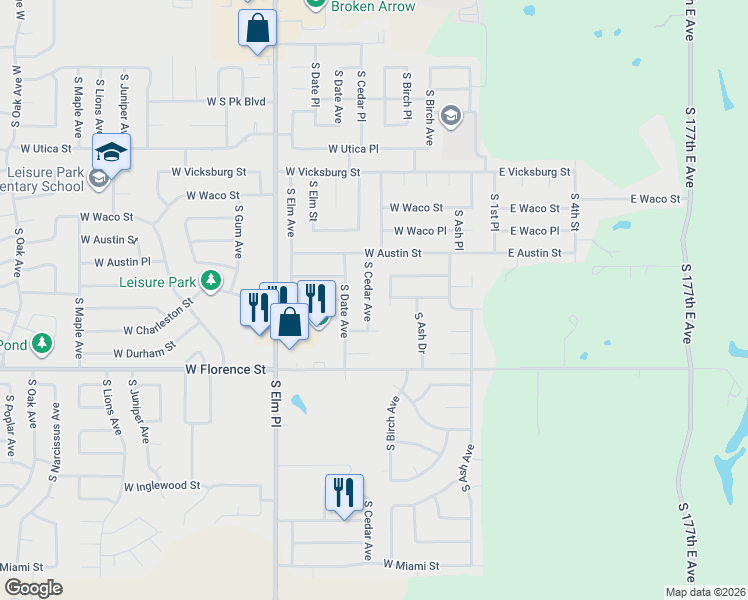 map of restaurants, bars, coffee shops, grocery stores, and more near 4505 South Cedar Avenue in Broken Arrow