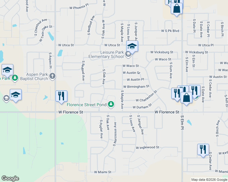 map of restaurants, bars, coffee shops, grocery stores, and more near 4519 South Narcissus Avenue in Broken Arrow