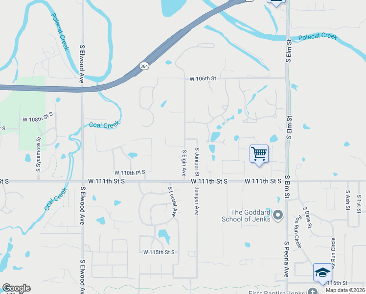 map of restaurants, bars, coffee shops, grocery stores, and more near 1201 West 109th Place South in Jenks