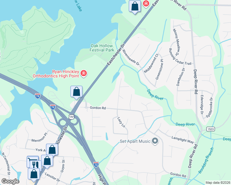 map of restaurants, bars, coffee shops, grocery stores, and more near 1815 Lazy Lane in High Point