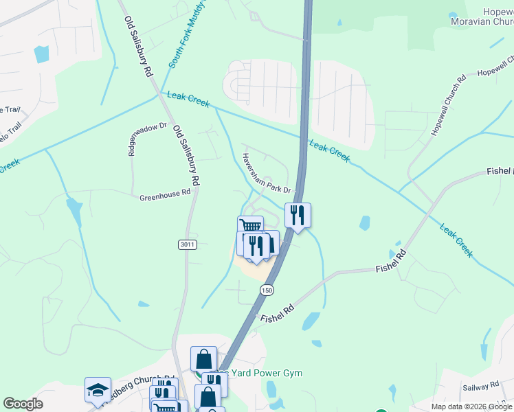 map of restaurants, bars, coffee shops, grocery stores, and more near 1604 Olivers Crossing Circle in Winston-Salem