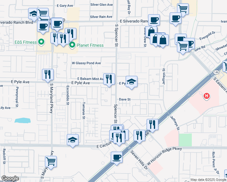map of restaurants, bars, coffee shops, grocery stores, and more near 10175 Spencer Street in Las Vegas
