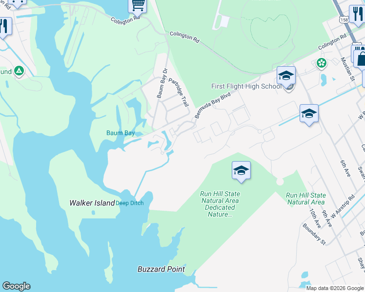 map of restaurants, bars, coffee shops, grocery stores, and more near 1600 Somerset Circle in Kill Devil Hills