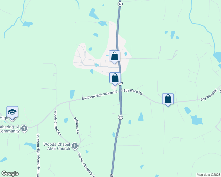 map of restaurants, bars, coffee shops, grocery stores, and more near 153 Southern High School Road in Graham