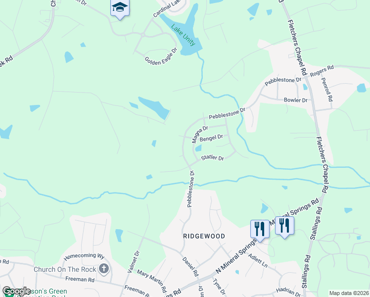map of restaurants, bars, coffee shops, grocery stores, and more near 406 Pebblestone Drive in Durham