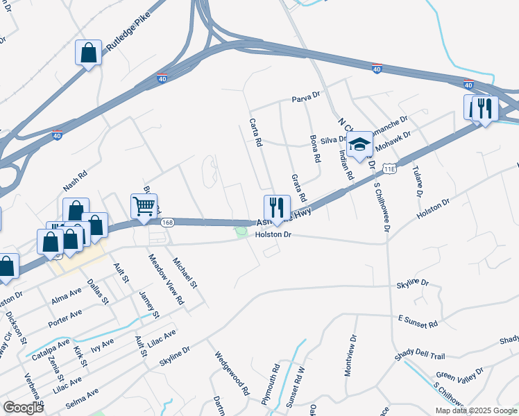map of restaurants, bars, coffee shops, grocery stores, and more near 4625 Asheville Highway in Knoxville