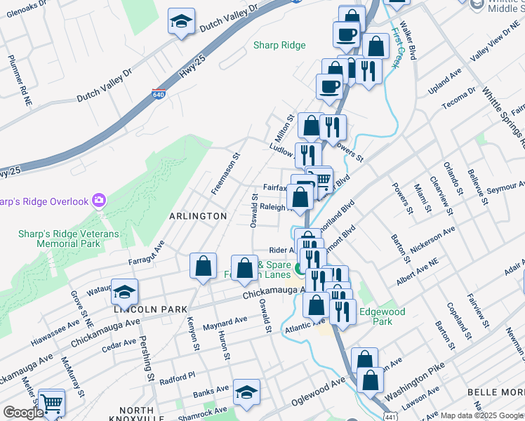 map of restaurants, bars, coffee shops, grocery stores, and more near 1110 Raleigh Avenue in Knoxville