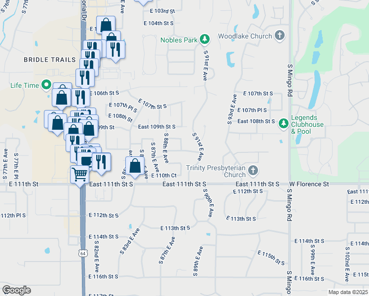 map of restaurants, bars, coffee shops, grocery stores, and more near 10930 South 91st East AVE in Tulsa