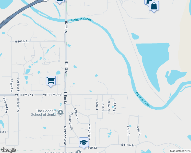map of restaurants, bars, coffee shops, grocery stores, and more near 307 East 111th Street in Jenks