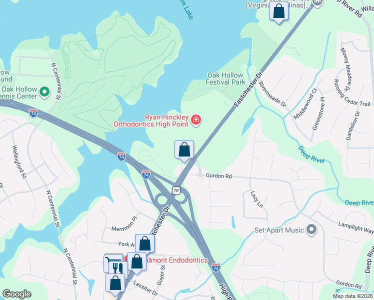 map of restaurants, bars, coffee shops, grocery stores, and more near 1809 Eastchester Drive in High Point