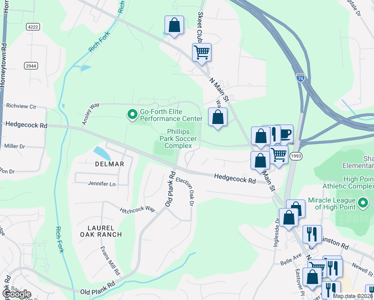 map of restaurants, bars, coffee shops, grocery stores, and more near 6117 Hedgecock Circle in High Point