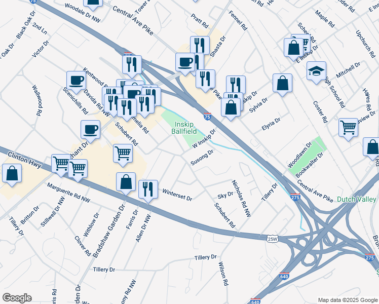 map of restaurants, bars, coffee shops, grocery stores, and more near 320 West Inskip Drive in Knoxville