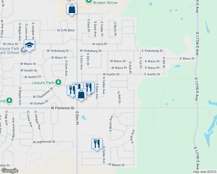 map of restaurants, bars, coffee shops, grocery stores, and more near 4516 South Birch Avenue in Broken Arrow