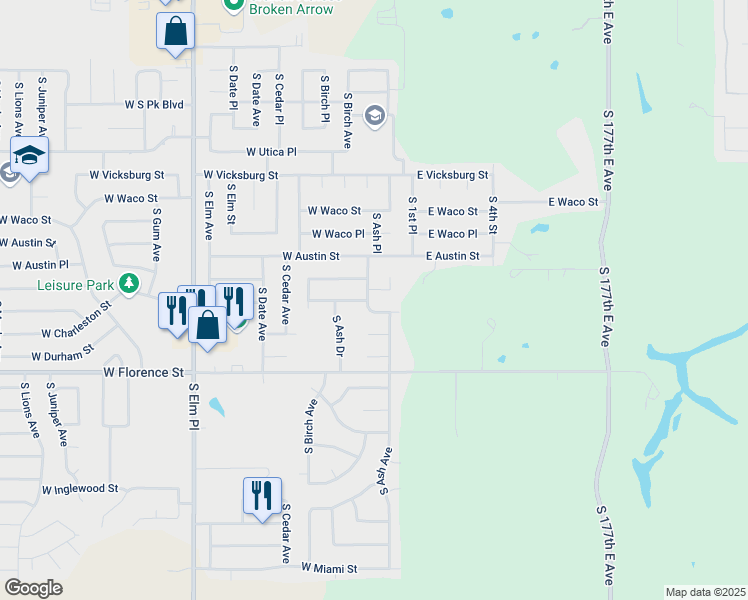 map of restaurants, bars, coffee shops, grocery stores, and more near 213 West Birmingham Street in Broken Arrow