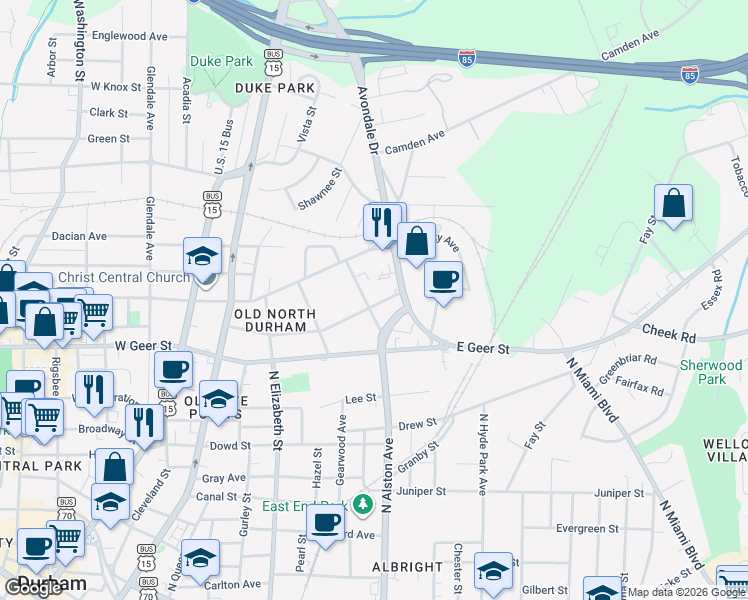 map of restaurants, bars, coffee shops, grocery stores, and more near 1800 North Alston Avenue in Durham