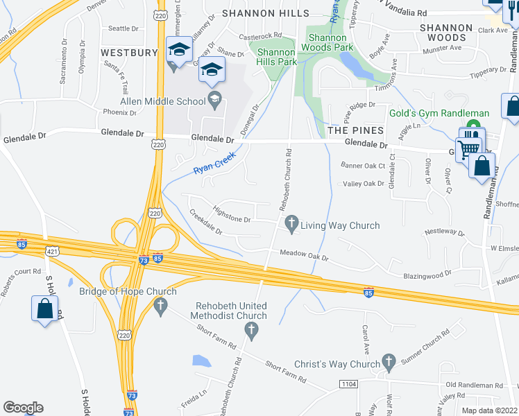 map of restaurants, bars, coffee shops, grocery stores, and more near 1011 Quinlan Drive in Greensboro