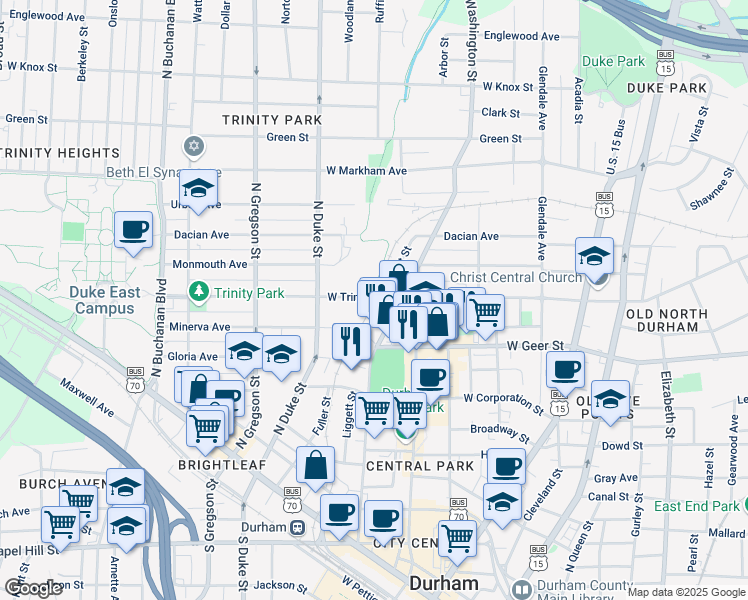 map of restaurants, bars, coffee shops, grocery stores, and more near 905 Orient Street in Durham