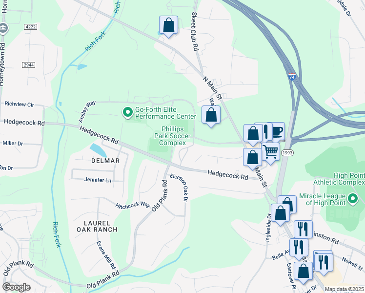 map of restaurants, bars, coffee shops, grocery stores, and more near 6117 Hedgecock Circle in High Point