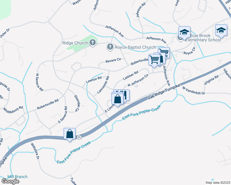 map of restaurants, bars, coffee shops, grocery stores, and more near 198 Latimer Road in Oak Ridge