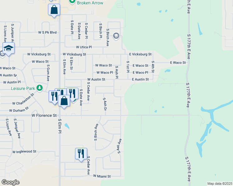 map of restaurants, bars, coffee shops, grocery stores, and more near 213 West Birmingham Street in Broken Arrow