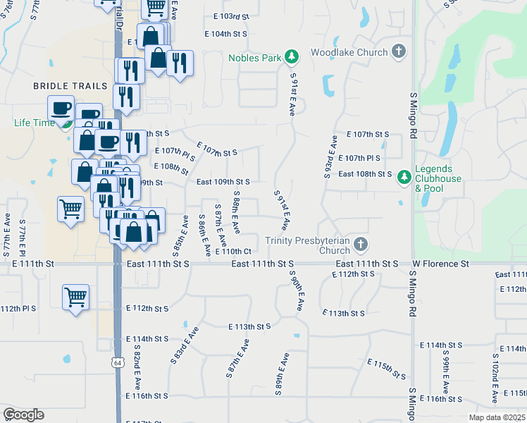 map of restaurants, bars, coffee shops, grocery stores, and more near 10930 South 91st East AVE in Tulsa