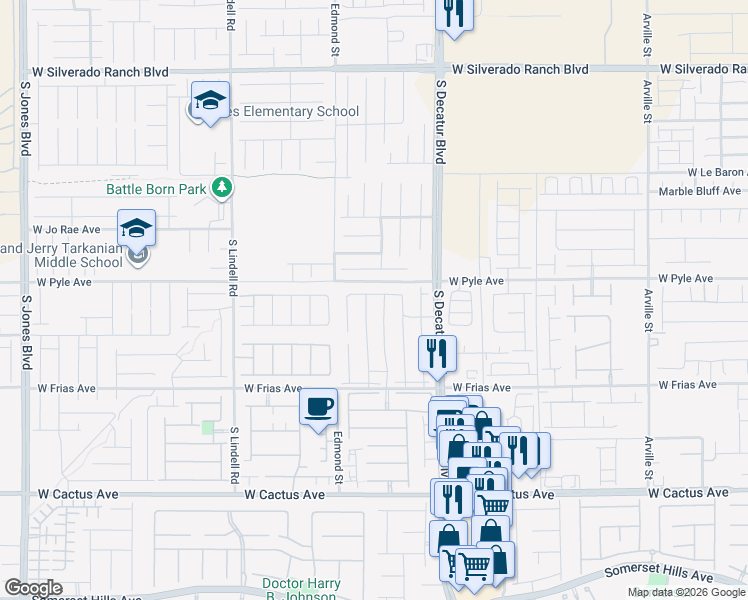 map of restaurants, bars, coffee shops, grocery stores, and more near 5079 Bonnie Doon Lane in Las Vegas