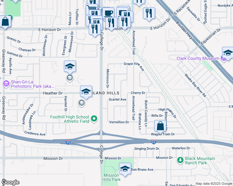 map of restaurants, bars, coffee shops, grocery stores, and more near 741 Scottsdale Street in Henderson
