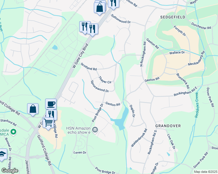 map of restaurants, bars, coffee shops, grocery stores, and more near 2003 Thayer Circle in Greensboro