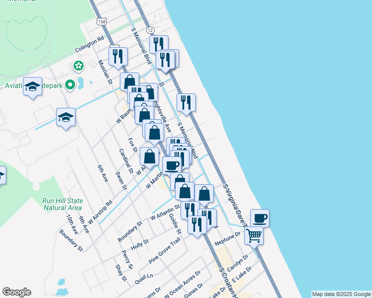 map of restaurants, bars, coffee shops, grocery stores, and more near 1200-1204 South Memorial Boulevard in Kill Devil Hills