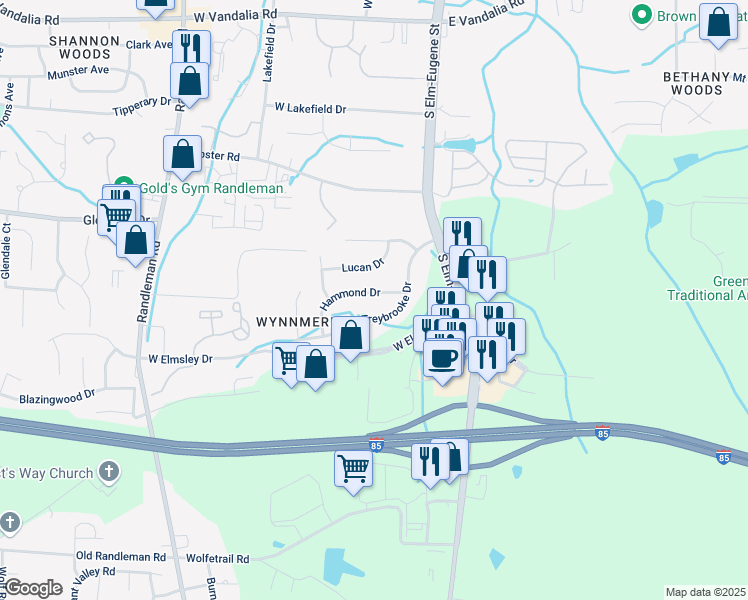 map of restaurants, bars, coffee shops, grocery stores, and more near 104 Hammond Drive in Greensboro