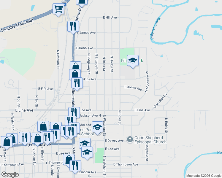 map of restaurants, bars, coffee shops, grocery stores, and more near 517 North Hodge Street in Sapulpa