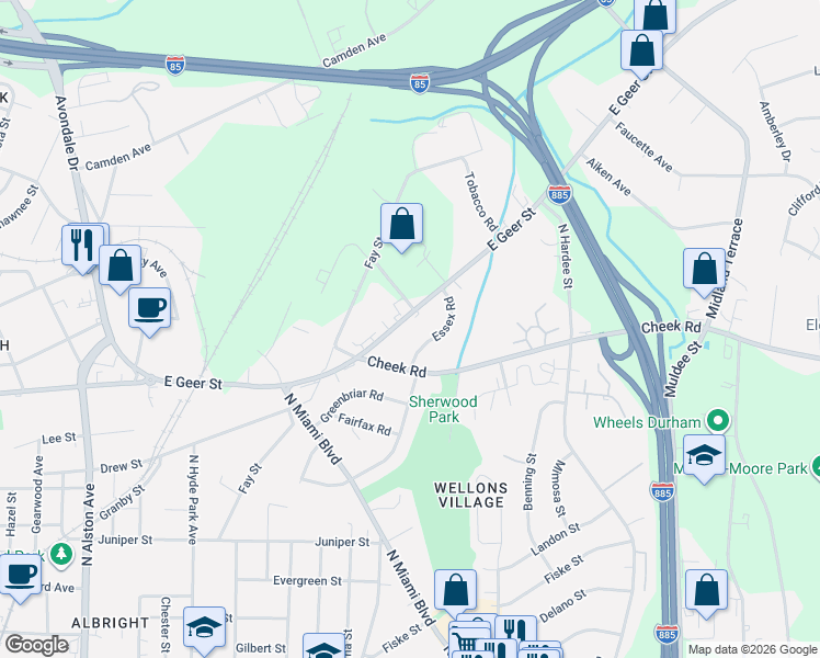 map of restaurants, bars, coffee shops, grocery stores, and more near 1129 East Geer Street in Durham