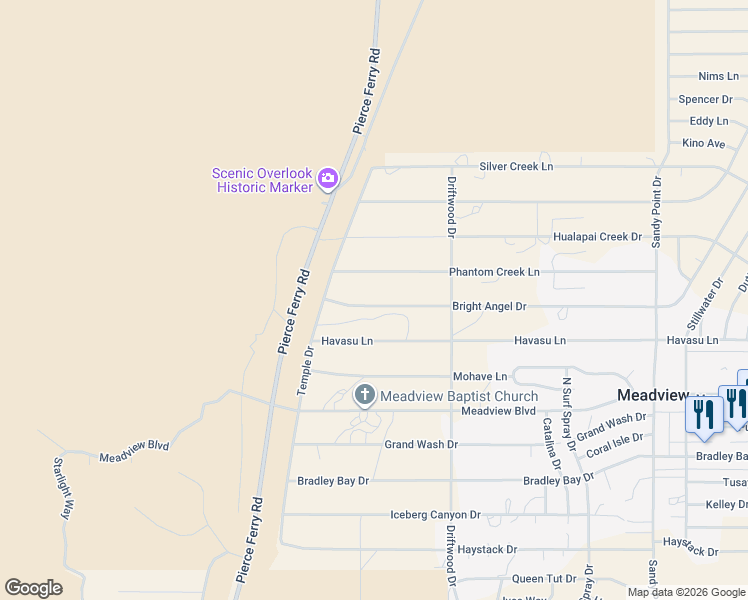map of restaurants, bars, coffee shops, grocery stores, and more near 1090 Hualapai Creek Drive in Meadview