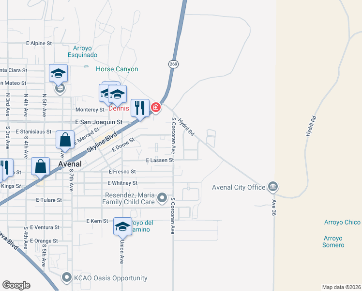map of restaurants, bars, coffee shops, grocery stores, and more near 205 Armona Avenue in Avenal
