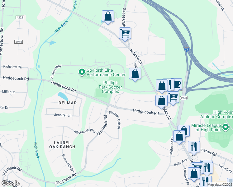 map of restaurants, bars, coffee shops, grocery stores, and more near 6117 Hedgecock Circle in High Point