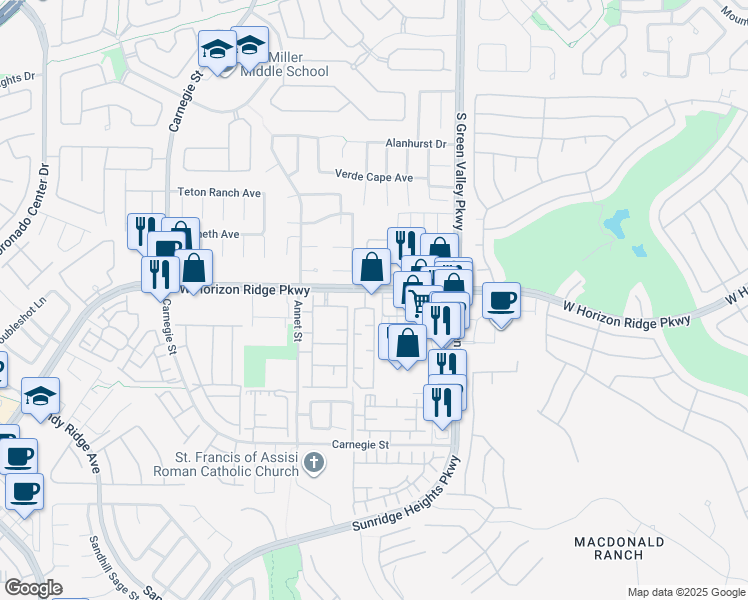 map of restaurants, bars, coffee shops, grocery stores, and more near 2298 West Horizon Ridge Parkway in Henderson