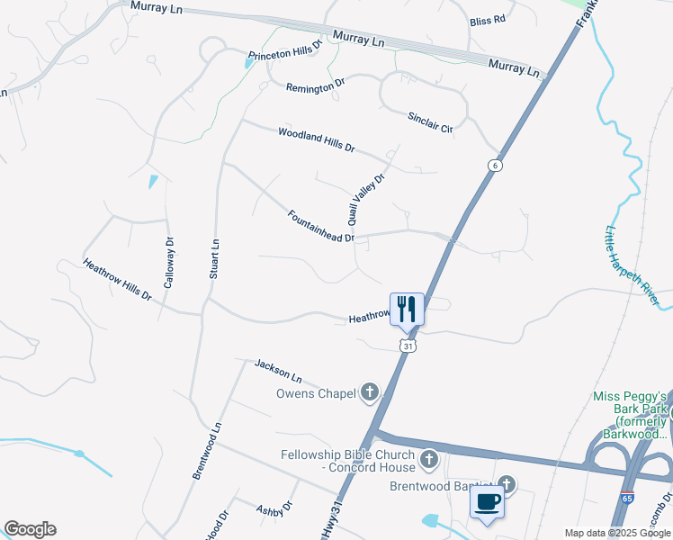 map of restaurants, bars, coffee shops, grocery stores, and more near 5101 Fountainhead Drive in Brentwood