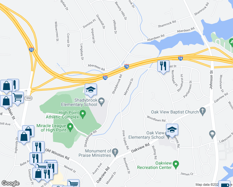 map of restaurants, bars, coffee shops, grocery stores, and more near 517 Shadybrook Road in High Point